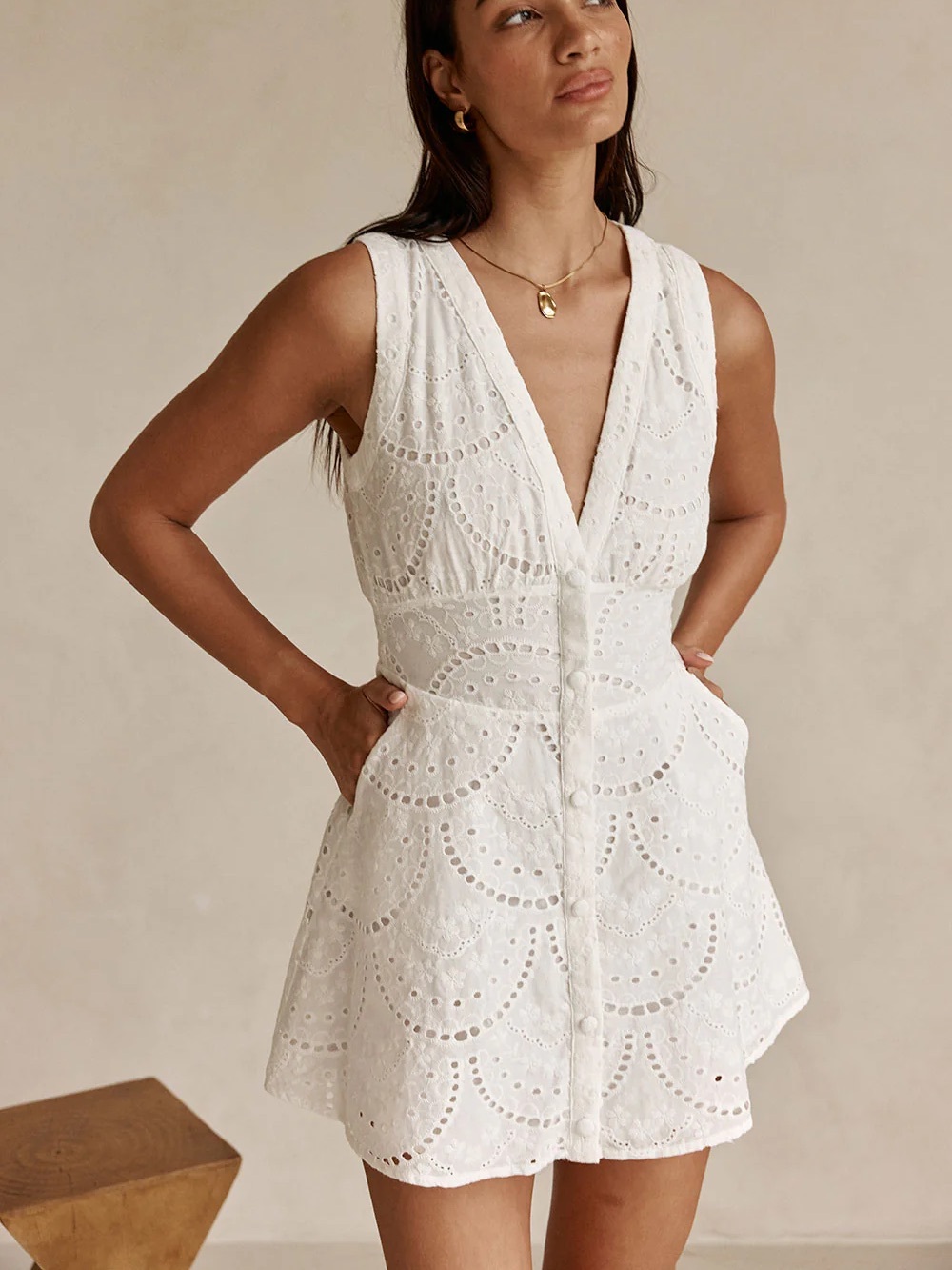 Sabo Skirt White Eyelet V-Neck Mini Dress